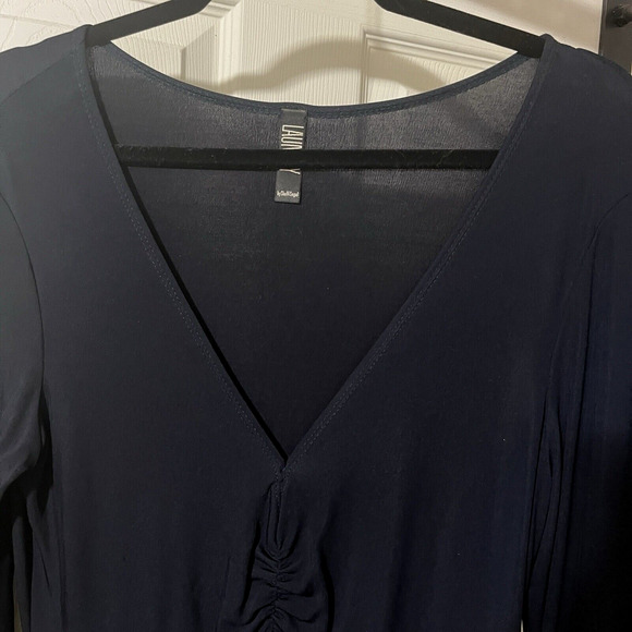 Witchy Midi Dress Black Ruched V Neck Goth Minimalist Asymmetric Sleeve SZ 10 - Picture 2 of 11